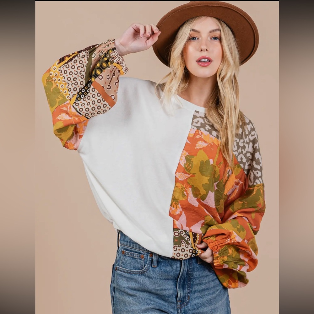 Boho Animal and Floral Print Long Sleeve Top